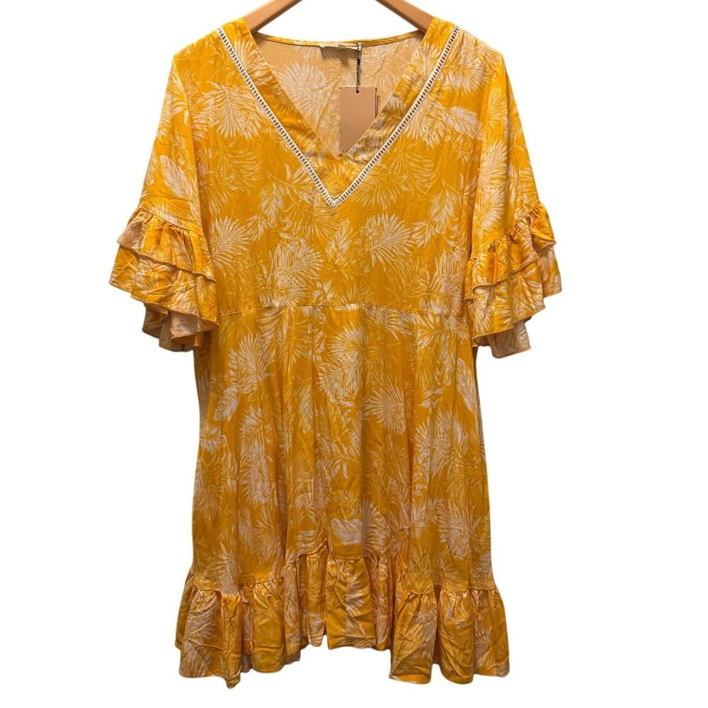 Label Of Love Ruffle Cotton Mini Dress Yellow Floral Short Sleeve Size Large NWT